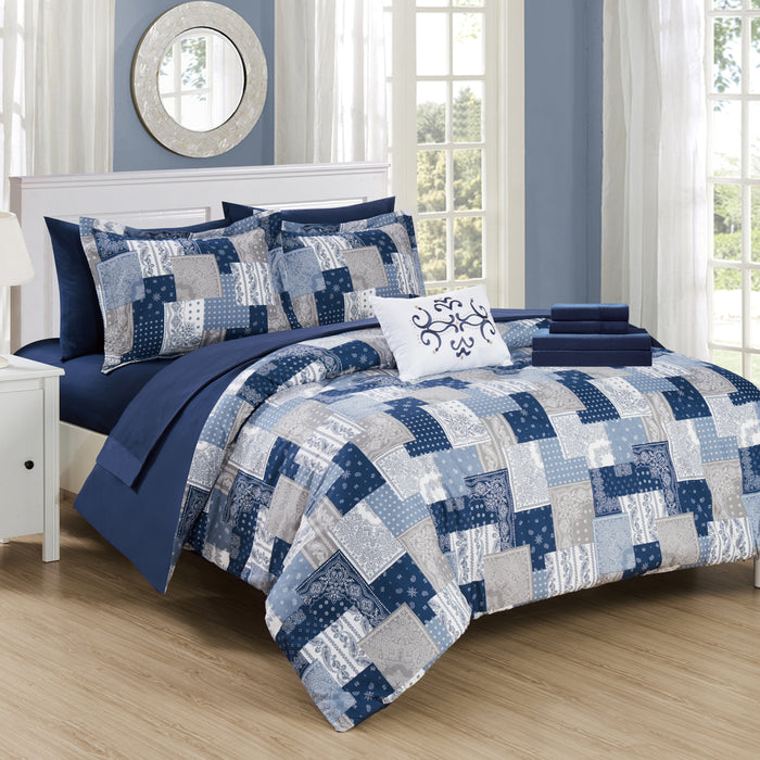 Chic Home Millennia 8 Piece Reversible Comforter Set Patchwork Bohemian Paisley Print Design Bed in a Bag Queen Blue - Queen