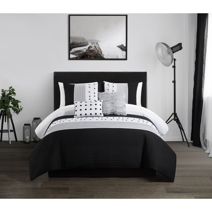Chic Home Lainy Comforter Set Color Block Pleated Ribbed Embroidered Design Bedding Black, Queen - Queen