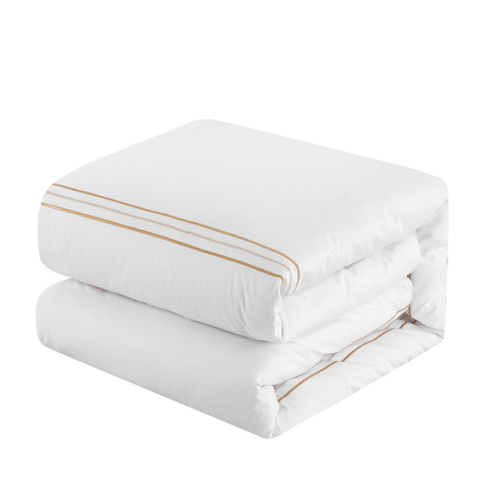 Chic Home Milos Cotton Comforter Set Solid White With Dual Stripe Embroidered Border Hotel Collection Bedding - Includes Decorative Pillow Shams - 4 Piece - King 106x96, Gold - King
