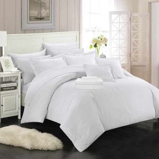 Chic Home Khaya 8 Piece Comforter Striped Embossed Down Alternative Jacquard Bed in a Bag Bedding - Sheets Decorative Pillows Sham Included - Twin 66x86", White - Twin