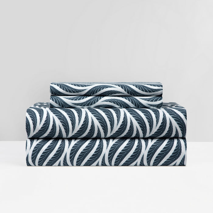NY&C Home Kate 4 Piece Sheet Set Super Soft Two-Tone Geometric Leaf Pattern Print Design – Includes 1 Flat, 1 Fitted Sheet, and 2 Pillowcases, King, Navy - King