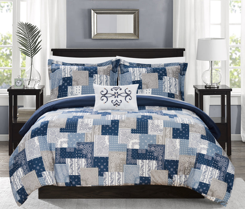Chic Home Utopia 4 Piece Reversible Duvet Cover Set Patchwork Bohemian Paisley Print Design Bedding King Blue - King