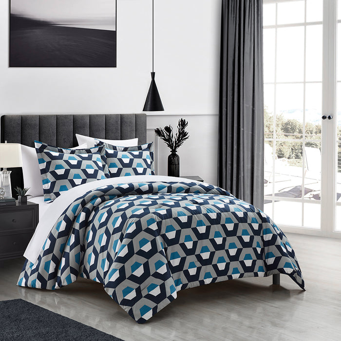 Chic Home Tudor 3 Piece Duvet Cover Set Contemporary Geometric Hexagon Pattern Print with Zipper Closure Queen Blue - Queen