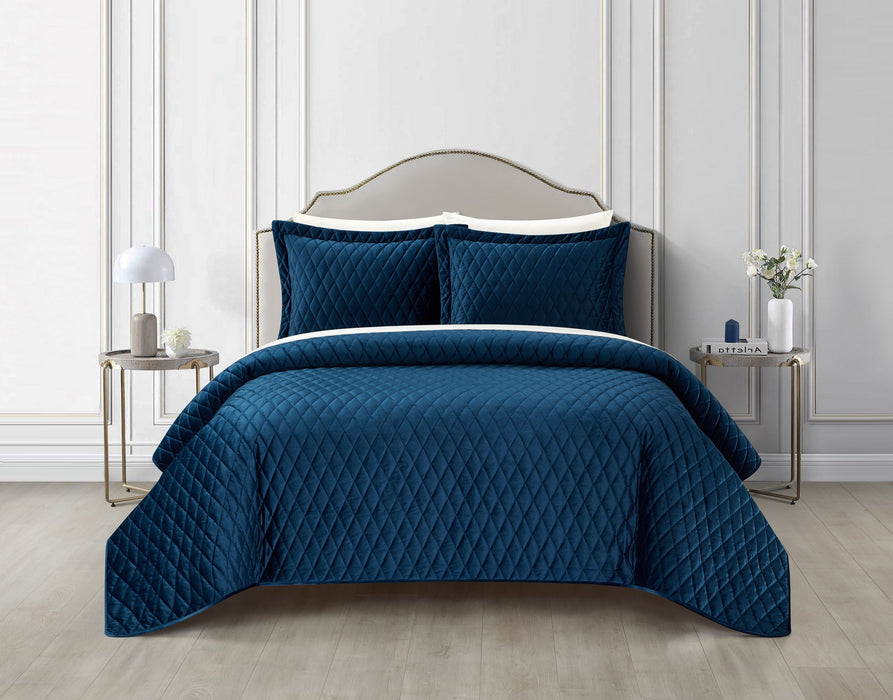 NY&C Home Wafa 3 Piece Velvet Quilt Set Diamond Stitched Pattern Bedding - Pillow Shams Included, King, Blue - King