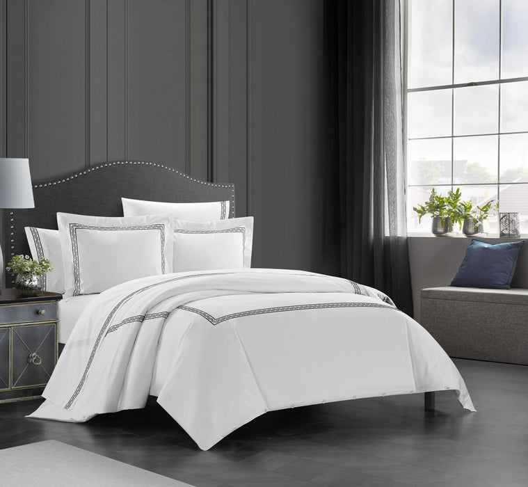 Chic Home Ella Cotton Duvet Cover Set Solid White Dual Stripe Embroidered Border Zig-Zag Details Hotel Collection Bedding - Includes Sheets Pillowcases Pillow Shams - 7 Piece - King 106x96, Black - King