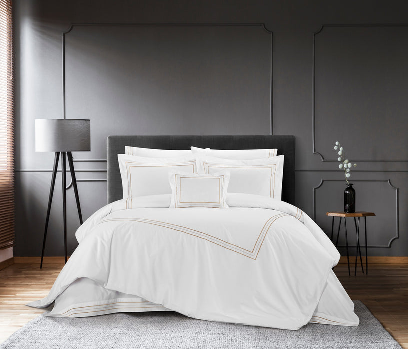 Chic Home Milos Cotton Comforter Set Solid White With Dual Stripe Embroidered Border Hotel Collection Bedding - Includes Decorative Pillow Shams - 4 Piece - King 106x96, Gold - King