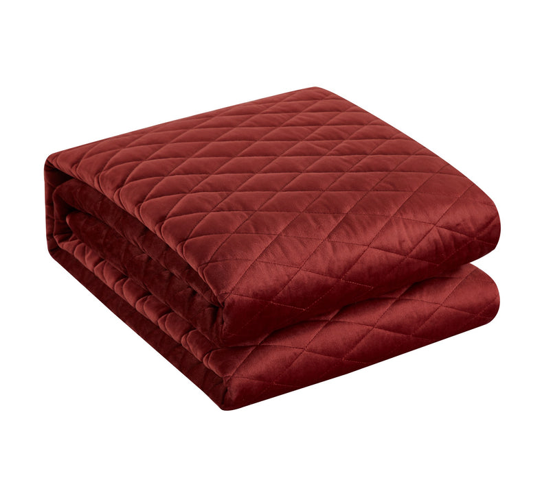 NY&C Home Wafa 7 Piece Velvet Quilt Set Diamond Stitched Pattern Bed In A Bag Bedding - Sheets Pillowcases Pillow Shams Included, King, Brick Red - King