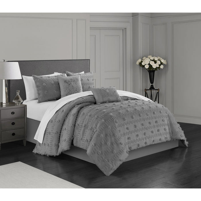Chic Home Ahtisa Comforter Set Jacquard Floral Applique Design Bedding Grey, Queen - Queen