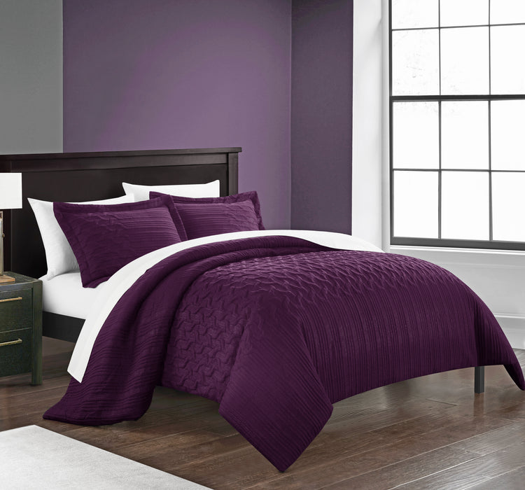 Chic Home Jazmine 7 Piece Comforter Set Embossed Embroidered Quilted Geometric Vine Pattern - Sheets Pillowcases Shams Included Queen Plum - Queen