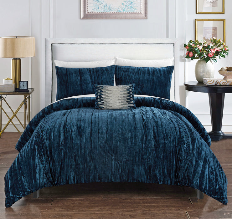 Chic Home Westmont 4 Piece Comforter Set Crinkle Crushed Velvet Bedding - Decorative Pillow Shams Included King Navy - King
