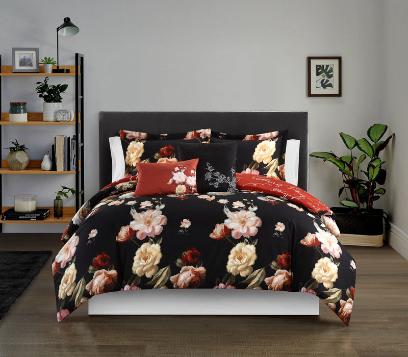 Chic Home Enid 4 Piece Reversible Comforter Set Floral Print Cursive Script Design Bedding - Decorative Pillows Sham Included - Twin 66x90", Black - Twin