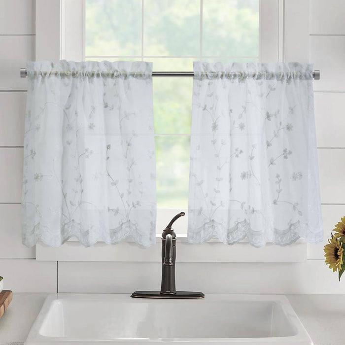 Habitat Grandeur Sheer Floral Motif and Scalloped Bottom Hem Pole Top Curtain Tiers White