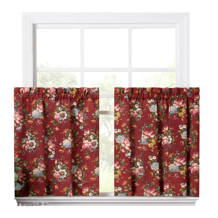 Ellis Bella Rose Elegant Medium Scale Printed Floral Pattern 1.5" Rod Pocket Tier for Windows Red