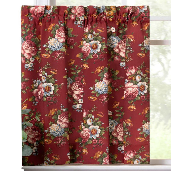 Ellis Bella Rose Elegant Medium Scale Printed Floral Pattern 1.5" Rod Pocket Tier for Windows Red