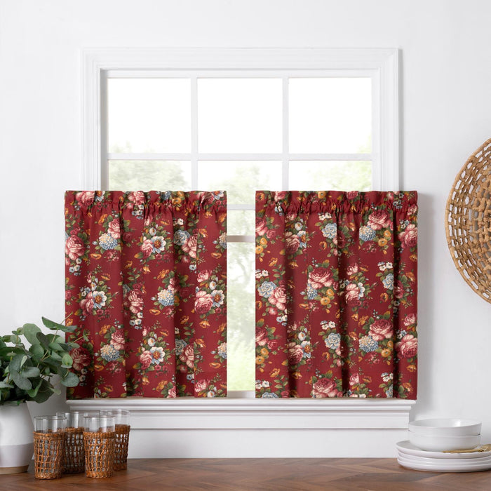Ellis Bella Rose Elegant Medium Scale Printed Floral Pattern 1.5" Rod Pocket Tier for Windows Red