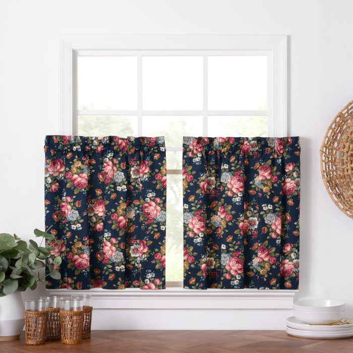 Ellis Bella Rose Gorgeous Medium Scale Printed Floral Pattern 1.5" Rod Pocket Tier for Windows Navy