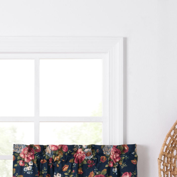 Ellis Bella Rose Gorgeous Medium Scale Printed Floral Pattern 1.5" Rod Pocket Tier for Windows Navy