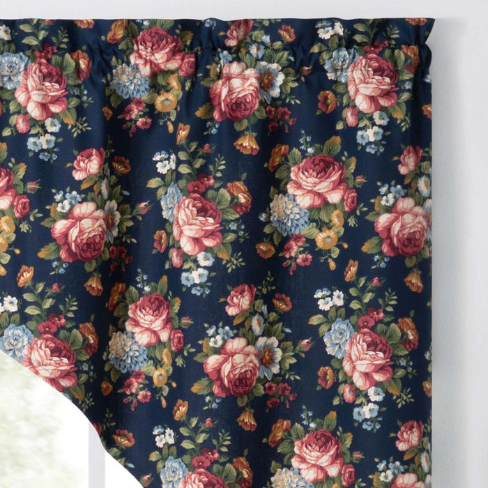 Ellis Bella Rose Stylish Medium Scale Printed Floral Pattern 1.5" Rod Pocket Tailored Swag for Windows 56"x36" Navy