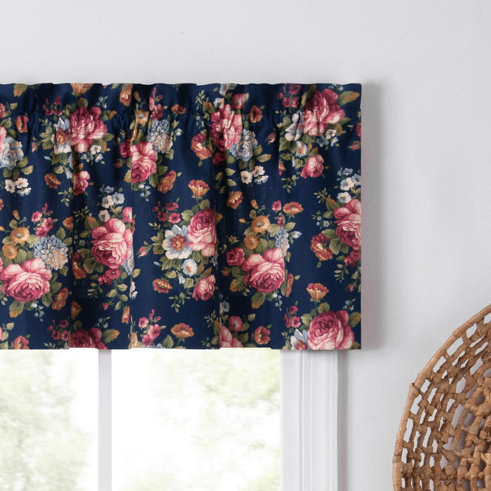 Ellis Bella Rose Stylish Medium Scale Printed Floral Pattern 1.5" Rod Pocket Tailored Valance for Windows 58"x15" Navy