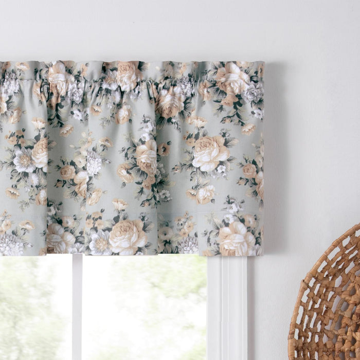 Ellis Bella Rose Stylish Medium Scale Printed Floral Pattern 1.5" Rod Pocket Tailored Valance for Windows 58"x15" Mist