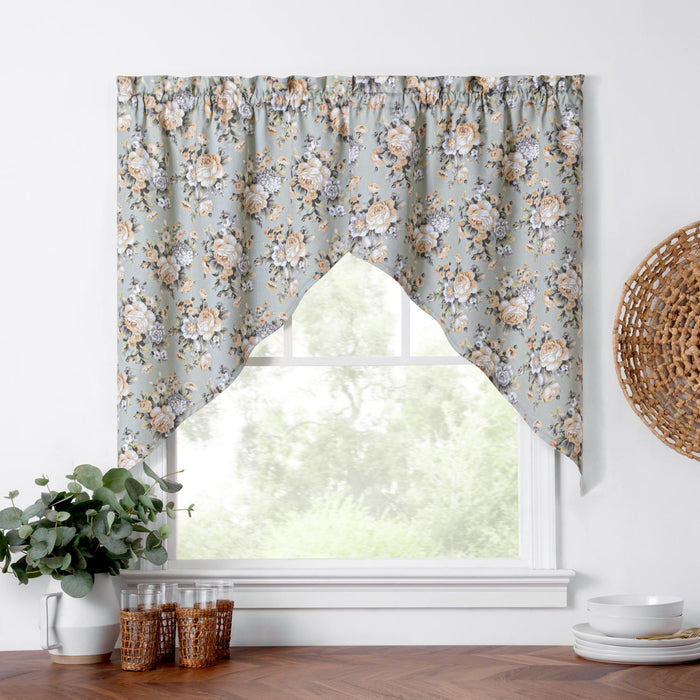 Ellis Bella Rose Stylish Medium Scale Printed Floral Pattern 1.5" Rod Pocket Tailored Swag for Windows 56"x36" Mist