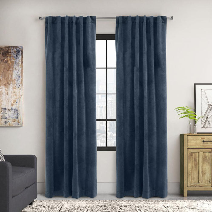 Thermaplus Seren Room Darkening Window Treatment Dual Header Curtain Panel for Bedroom Livingroom Navy