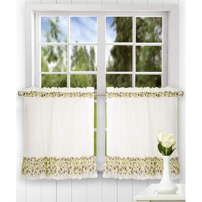 Ellis Curtain Clarice High Quality 2-Piece Leafy Branch Patterned Ruffled Tier Pair Window Curtains - 58 x30" Violet