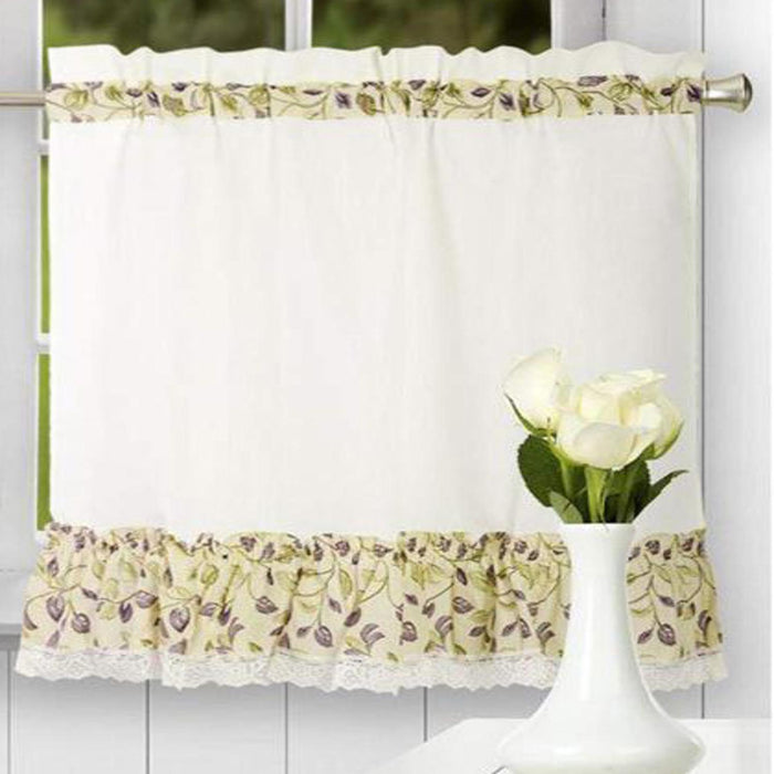 Ellis Curtain Clarice High Quality 2-Piece Leafy Branch Patterned Ruffled Tier Pair Window Curtains - 58 x30" Violet