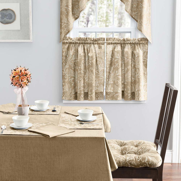 Ellis Curtain Lexington Leaf Pattern on Colored Ground Curtain Tiers Tan