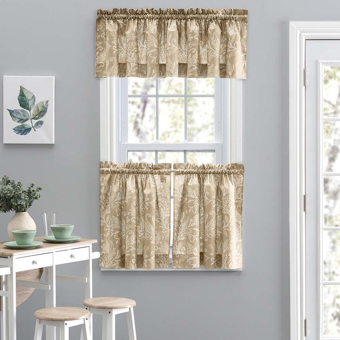 Ellis Curtain Lexington Leaf Pattern on Colored Ground Curtain Tiers Tan
