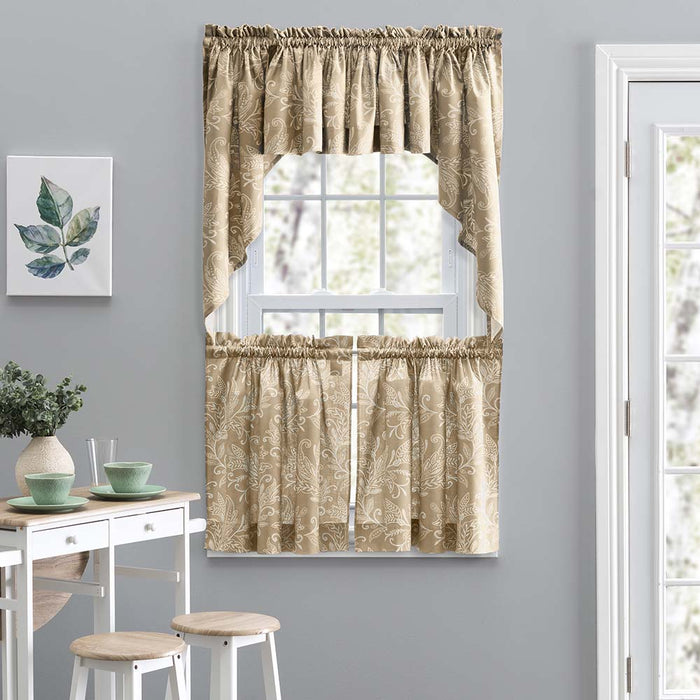 Ellis Curtain Lexington Leaf Pattern on Colored Ground Curtain Tiers Tan