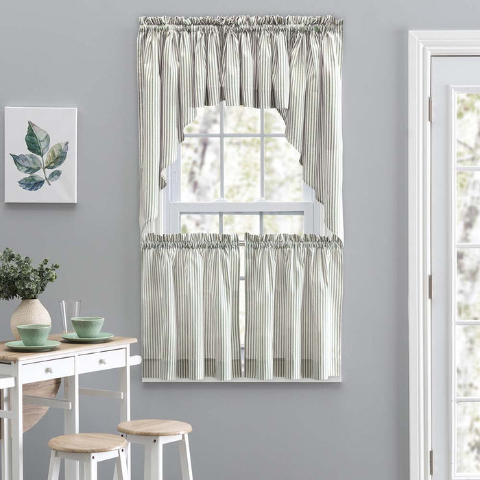 Ellis Curtain Plaza Classic Ticking Stripe Printed on Natural Ground 1.5" Rod Pocket Tailored Tiers Sage