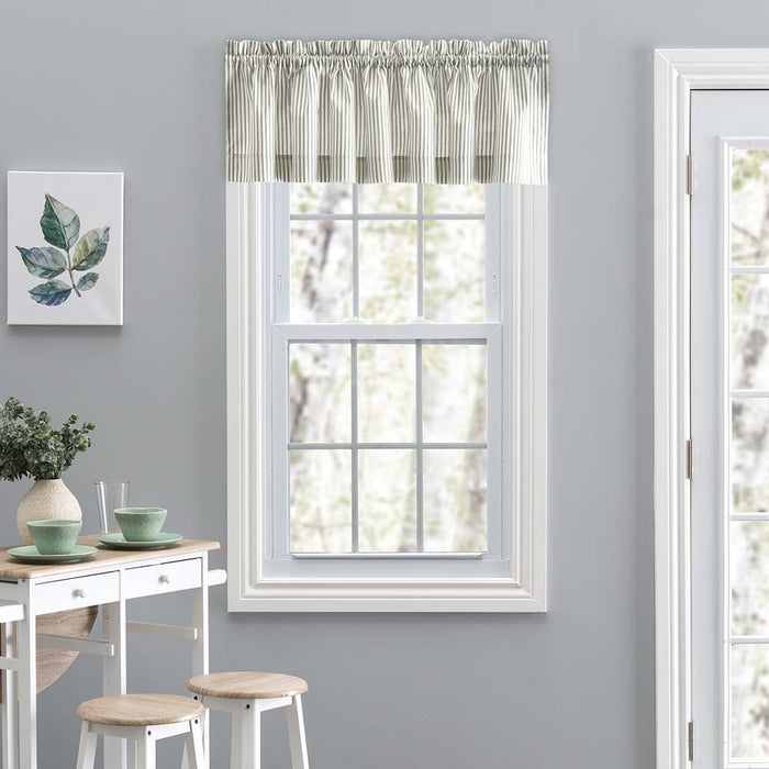 Ellis Curtain Plaza Classic Ticking Stripe Printed on 1.5" Rod Pocket Natural Ground Tailored Valance 58" x 15" Sage