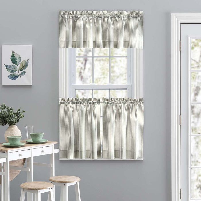 Ellis Curtain Plaza Classic Ticking Stripe Printed on 1.5" Rod Pocket Natural Ground Tailored Valance 58" x 15" Sage