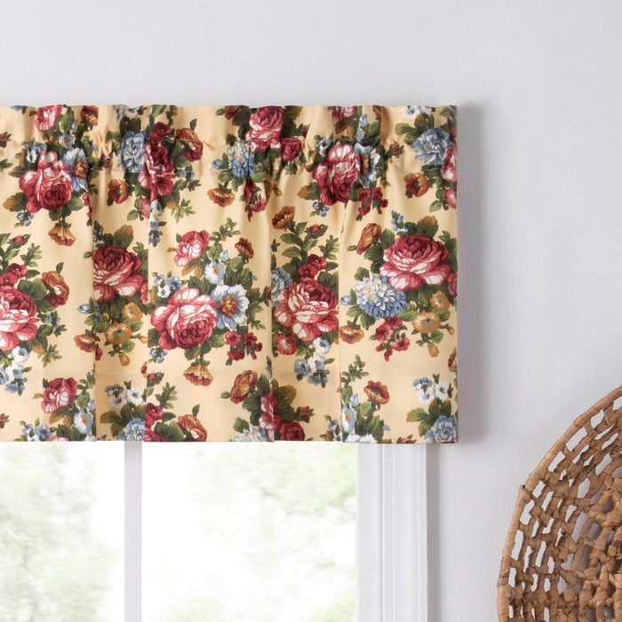 Ellis Bella Rose Stylish Medium Scale Printed Floral Pattern 1.5" Rod Pocket Tailored Valance for Windows 58"x15" Butter