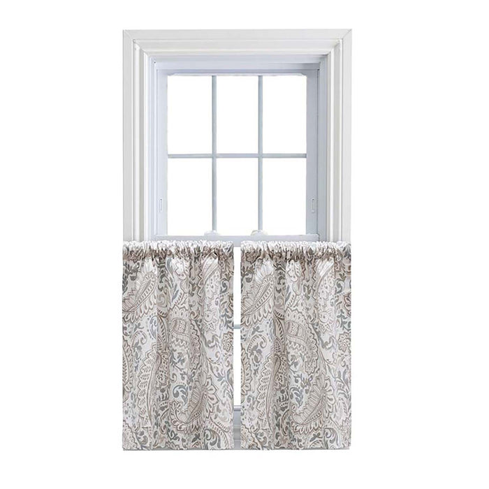 Ellis Shannon Printed Paisley Pattern on Cotton Fabric Tailored Tiers 1.5" Rod Pocket Natural