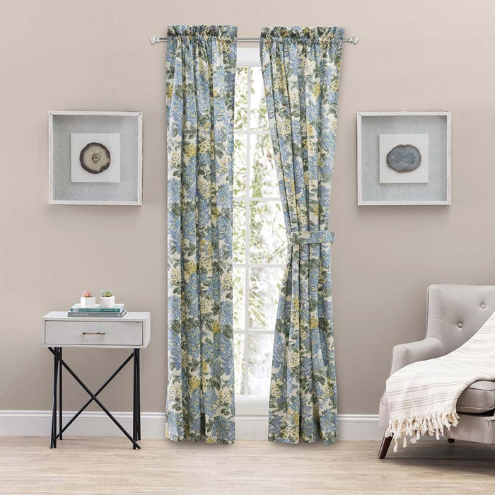 Ellis Hydrangea Classic Pattern Printed 1.5" Rod Pocket Window Tailored Pair with Ties Blue