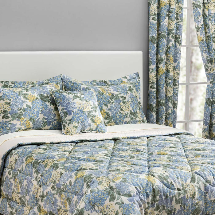 Ellis Hydrangea Classic Pattern Printed 1.5" Rod Pocket Window Tailored Pair with Ties Blue