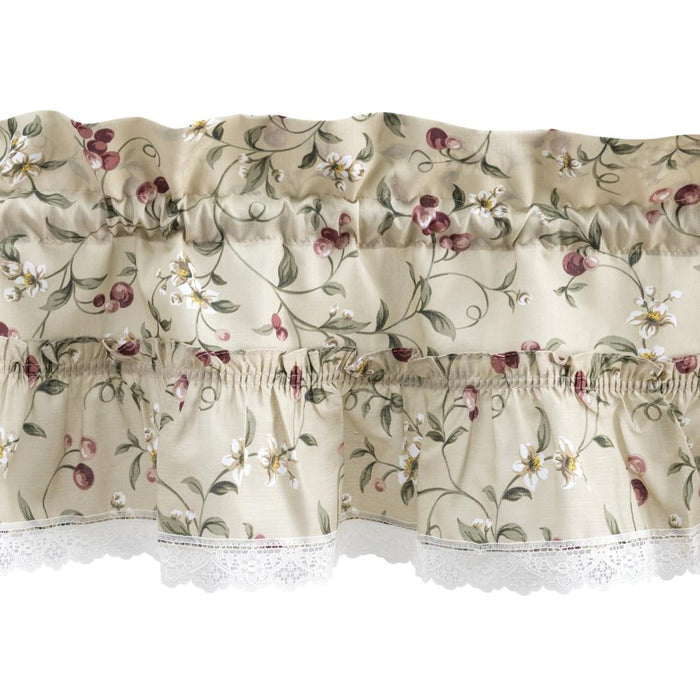 Ellis Curtain Cherries Ruffled 1.5" Rod Pocket Window Curtain Tiers Natural