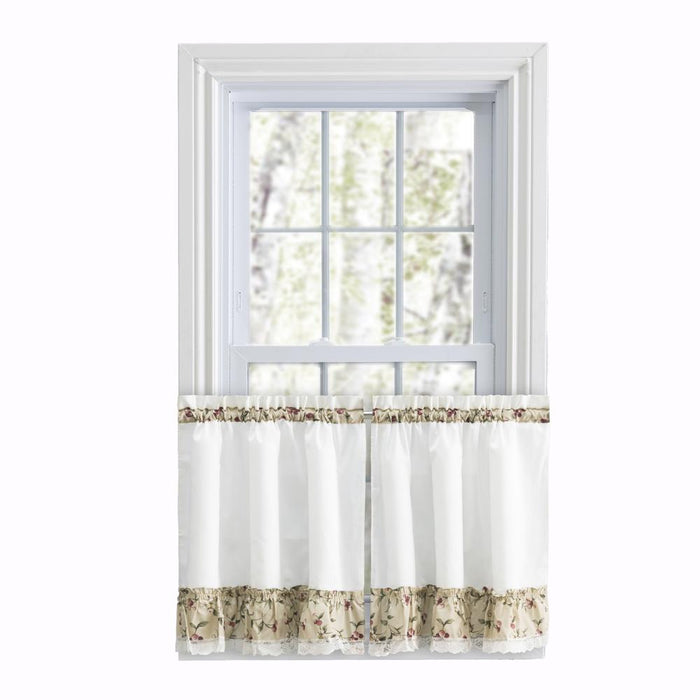 Ellis Curtain Cherries Ruffled 1.5" Rod Pocket Window Curtain Tiers Natural