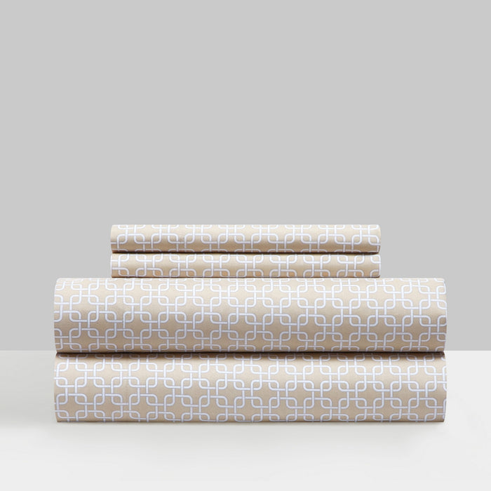 NY&C Home Lucille 4 Piece Sheet Set Super Soft Two-Tone Interlaced Geometric Pattern Print Design – Includes 1 Flat, 1 Fitted Sheet, and 2 Pillowcases, King, Beige - Beige