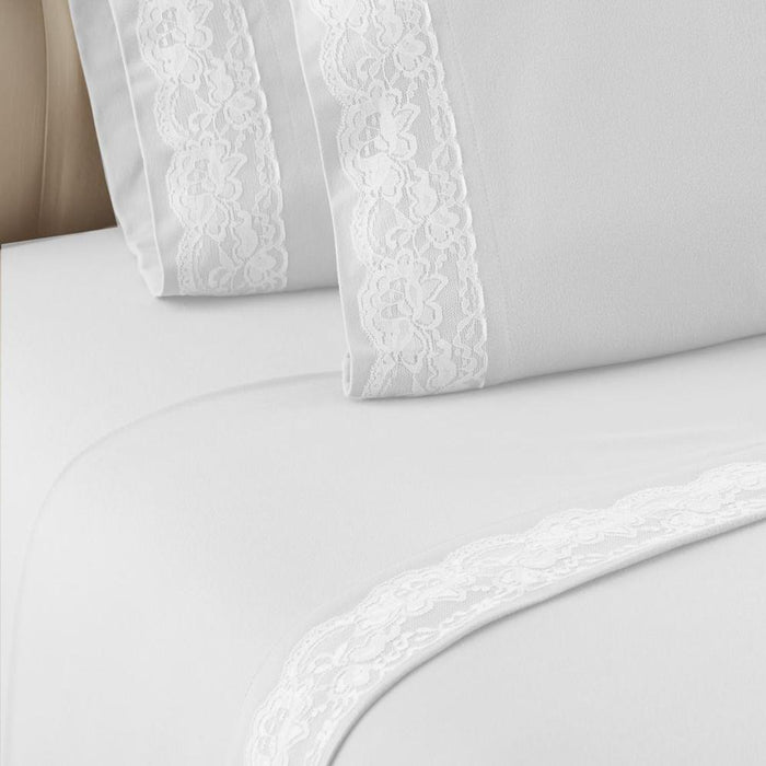 Shavel Micro Flannel Quality Lace-Edged Sheet Set - King Flat/Fitted Sheet 108x110/80x78x18" 2-Pillowcase 21x40" - White. - King,White