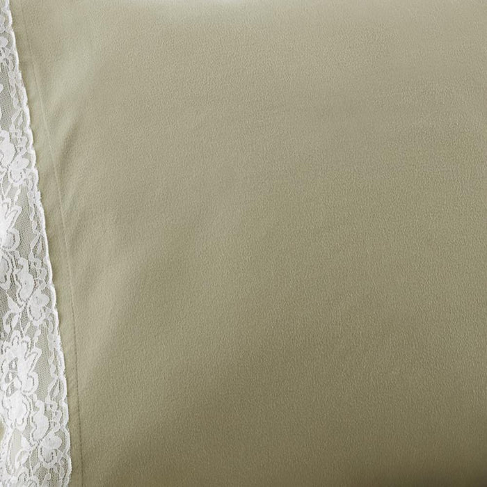 Shavel Micro Flannel Quality Lace-Edged Sheet Set - King Flat/Fitted Sheet 108x110/80x78x18" 2-Pillowcase 21x40" - Meadow. - King,Meadow