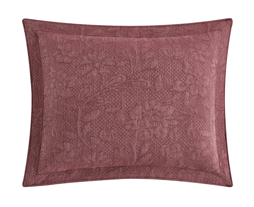 NY&C Home Austin 3 Piece Cotton Blend Quilt Set Stone Washed Textured Floral Pattern Bedding - Pillow Shams Included, King, Wine - King