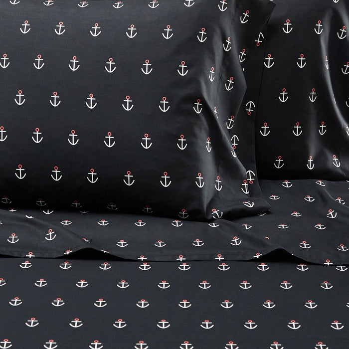 NY&C Home Marina 3 Piece Sheet Set Super Soft Nautical Theme Geometric Anchor Pattern Print Design – Includes 1 Flat, 1 Fitted Sheet, and 1 Pillowcase, Twin XL, Black - Black