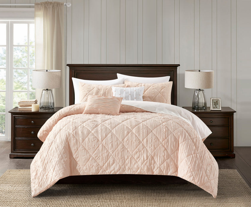 NY&C Home Leighton 5 Piece Comforter Set Diamond Stitched Design Crinkle Textured Pattern Bedding - Decorative Pillows Shams Included, King, Blush - King