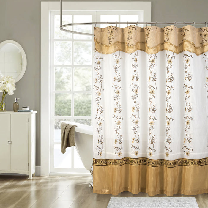 Priscilla Embroidered Shower Curtain 70'' x 72'' With Double Valance Gold - Gold