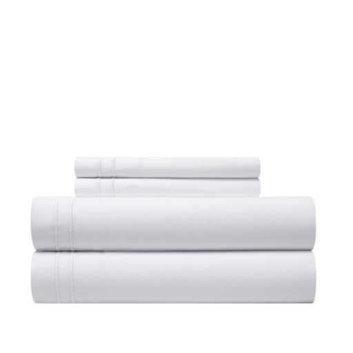 Chic Home Savannah Sheet Set Solid Color With Dual Stripe Embroidery - Includes 1 Flat, 1 Fitted Sheet, and 1 Pillowcase - 3 Piece - Twin 66x102", White - White