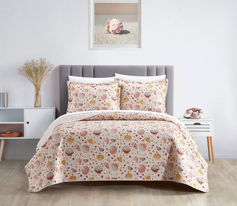 NY&C Home Bali 3 Piece Quilt Set Beach Themed Clams Conches Shells Print Bedding - Pillow Shams Included, King - King