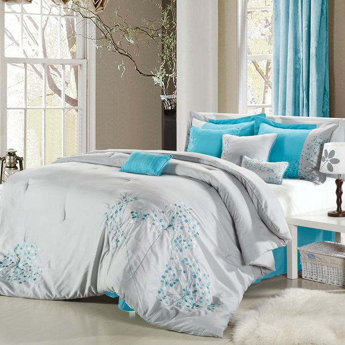 Chic Home Pink Floral Microfiber Embroidered 8 Pieces Comforter Bed In A Bag Set - King 110x90, Grey-Aqua - King
